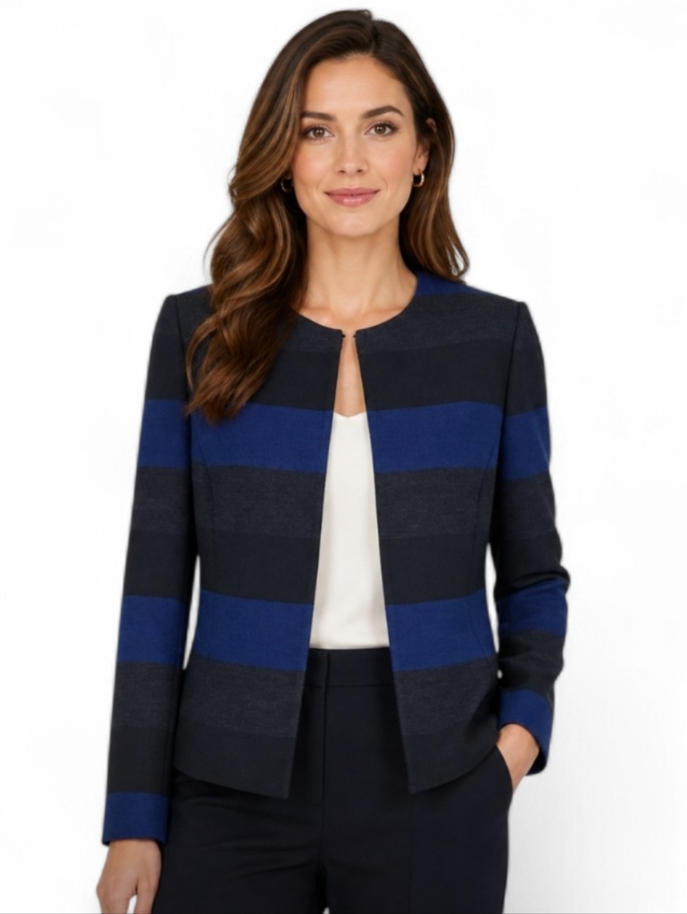 Tahari ASL Blazer Size 10P Blue Gray Black Wide Stripes Open Front Top Hook Eye - Picture 11 of 11